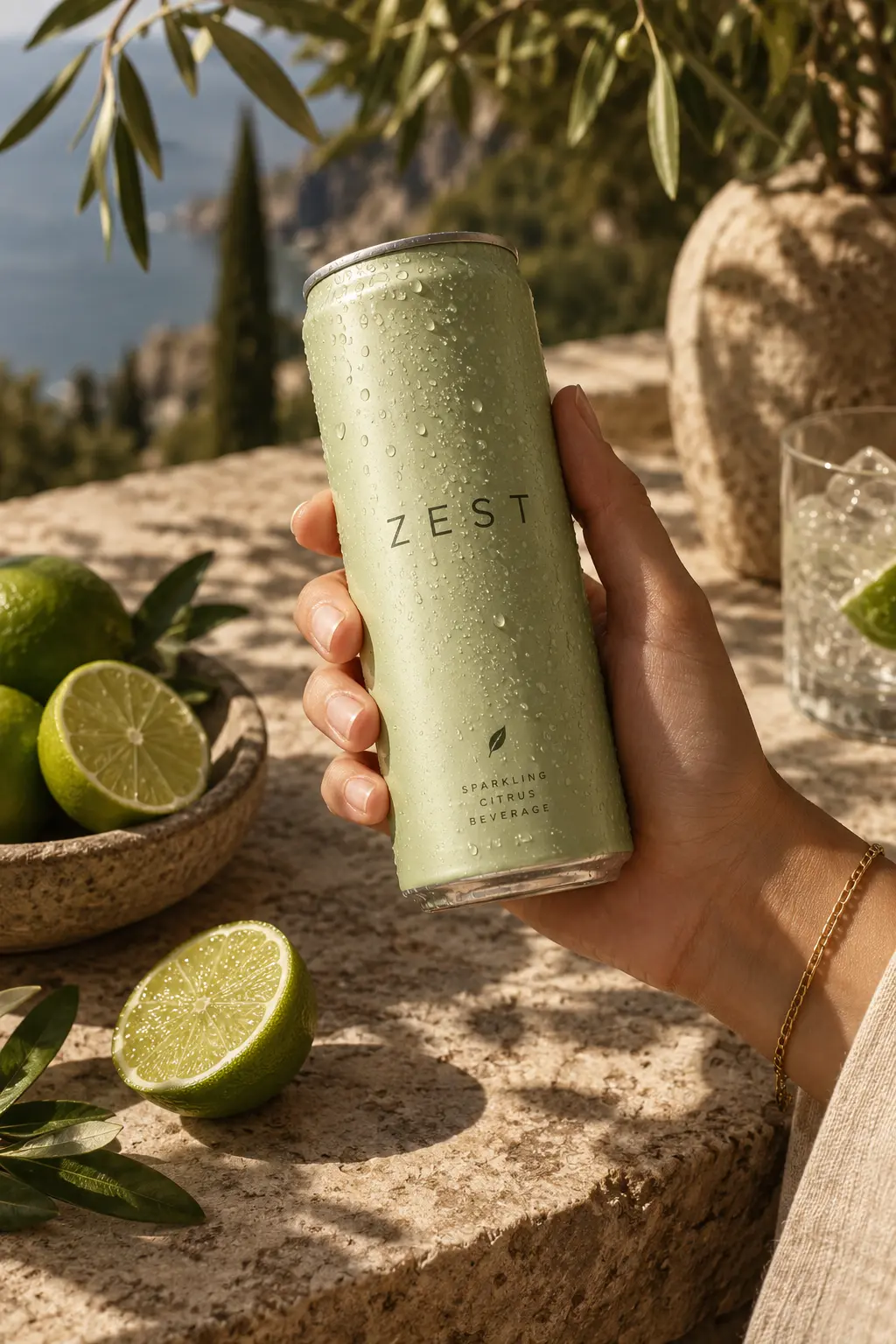 AI-generated Zest citrus drink campaign, held in warm sunlight
